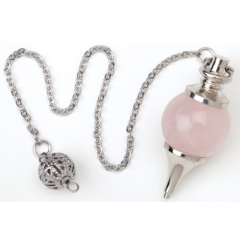 Péndulo Bola de Cuarzo Rosa y Metal